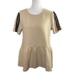 Swagger Womens Size S Short Sleeve Peplum Sweater in Tan with Black Lace
